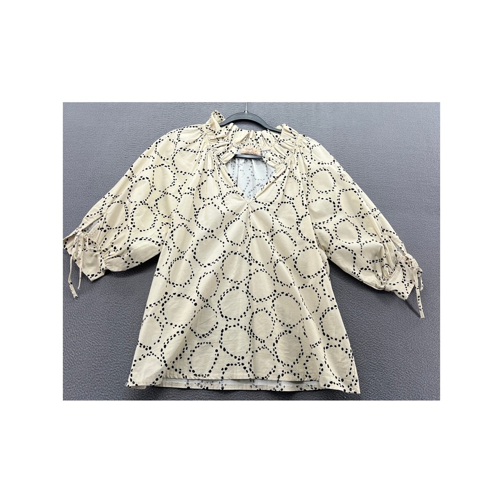Sofia Made in Italy Blouse Womens M Cream Black Circle Print Ruffle V-Neck Tie